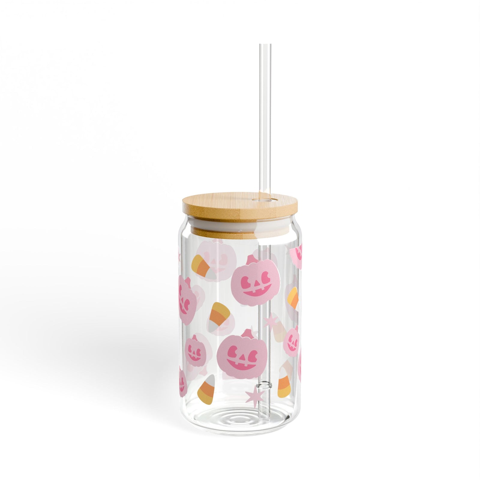 Pink Pumpkin & Candy Corn Halloween Sipper Glass 16oz Reusable Drink Jar with Lid & Straw