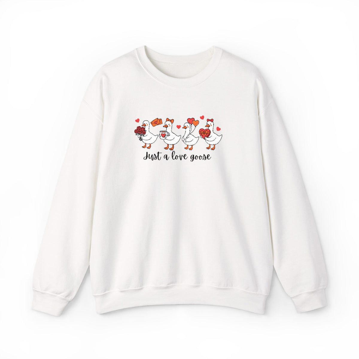 Just a Love Goose Valentine's Day Women's Heavy Blend Cozy Crewneck Embroidered Sweatshirt - Sydney So Sweet