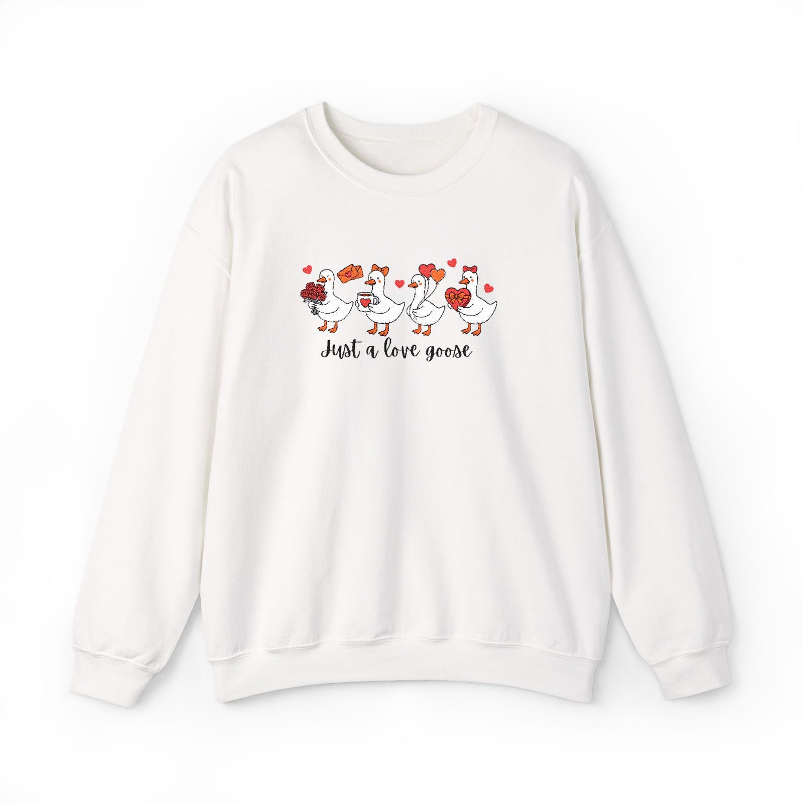 Just a Love Goose Valentine's Day Women's Heavy Blend Cozy Crewneck Embroidered Sweatshirt - Sydney So Sweet