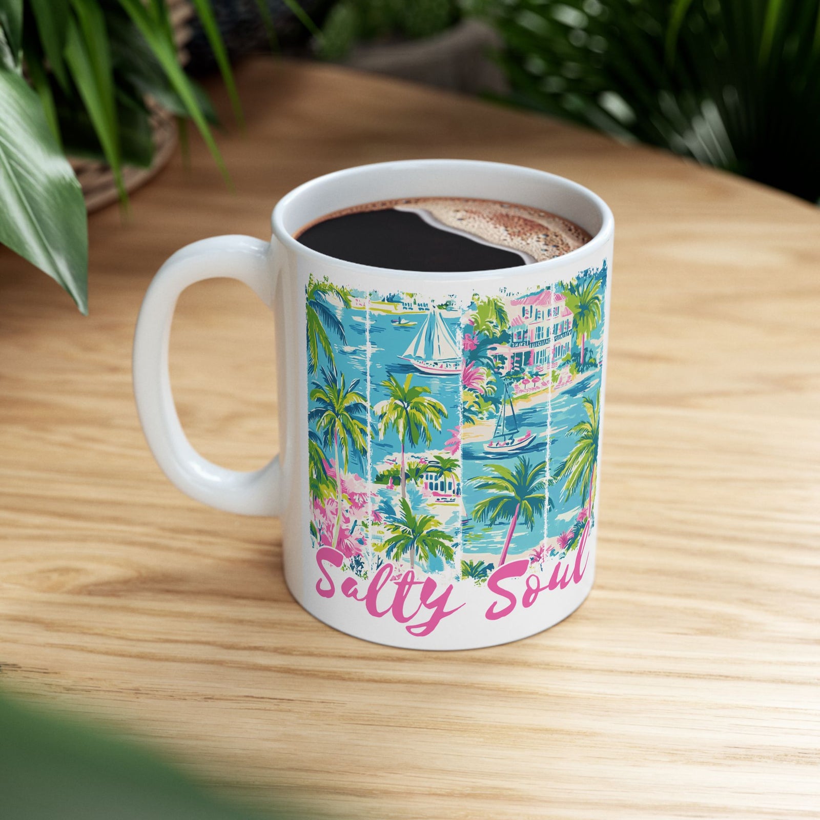 Salty Soul Beachy Palm Print Cute Ceramic Mug Coffee Cup (11oz & 15oz)