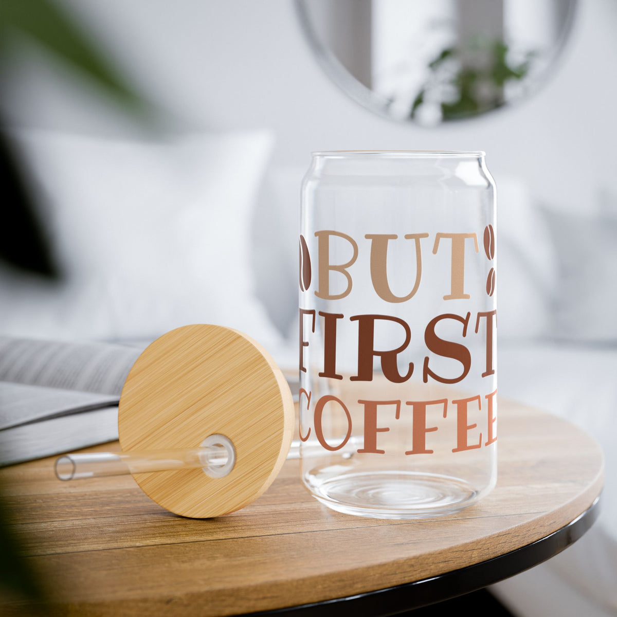 But First Coffee Sipper Glass 16oz Reusable Drink Jar with Lid & Straw