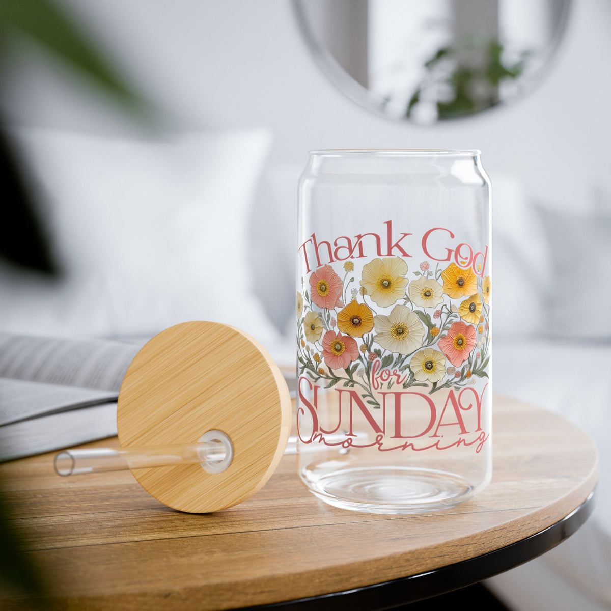 Thank God For Sunday Morning Christian Sipper Glass 16oz Reusable Drink Jar with Lid & Straw