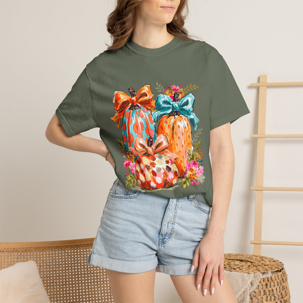 Floral Preppy Coquette Fall Pumpkin T-Shirt Cute Watercolor Graphic Tee