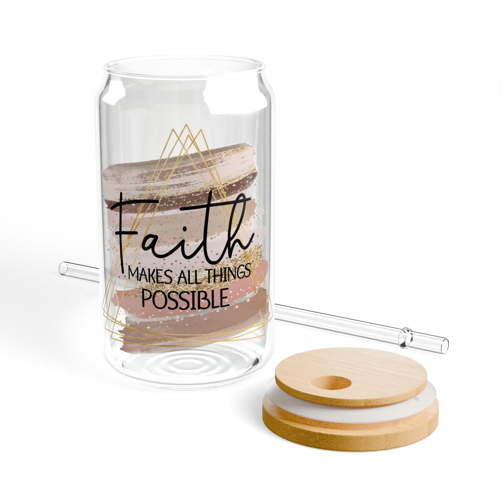 Faith Makes All Things Possible Christian Tumbler Sipper Glass 16oz — Reusable Drink Jar with Lid & Straw