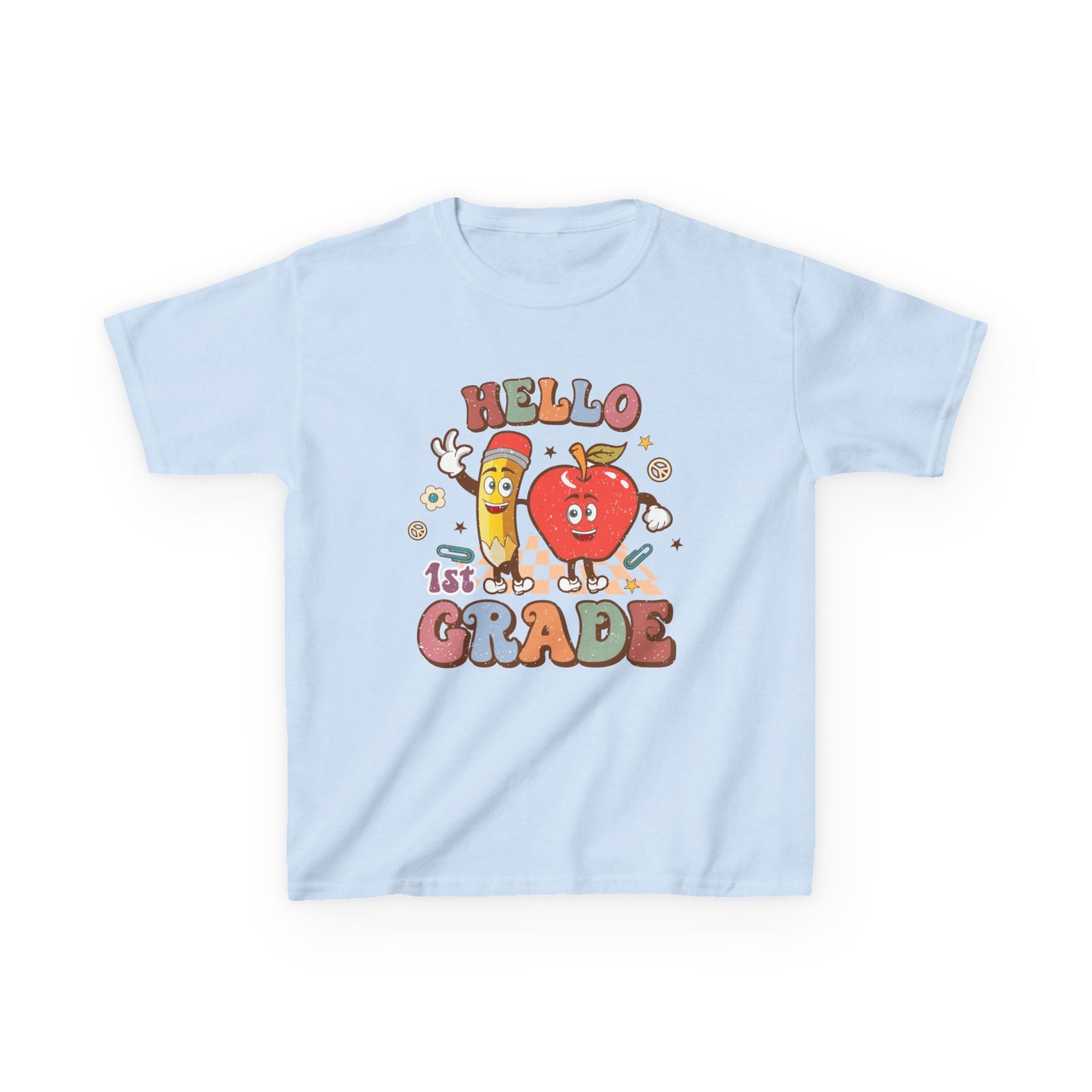 Hello 1st Grade Cute Apple & Pencil Graphic Tee Back-to-School First Grade Kids T-Shirt