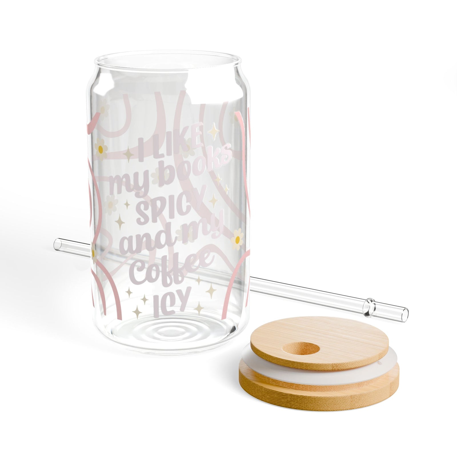 Books Spicy Coffee Icy Tumbler Sipper Glass 16oz — Reusable Drink Jar with Lid & Straw
