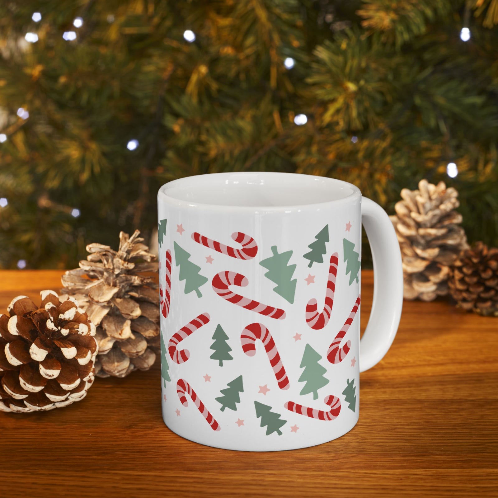 Candy Canes & Christmas Trees Ceramic Mug Coffee Cup (11oz & 15oz)
