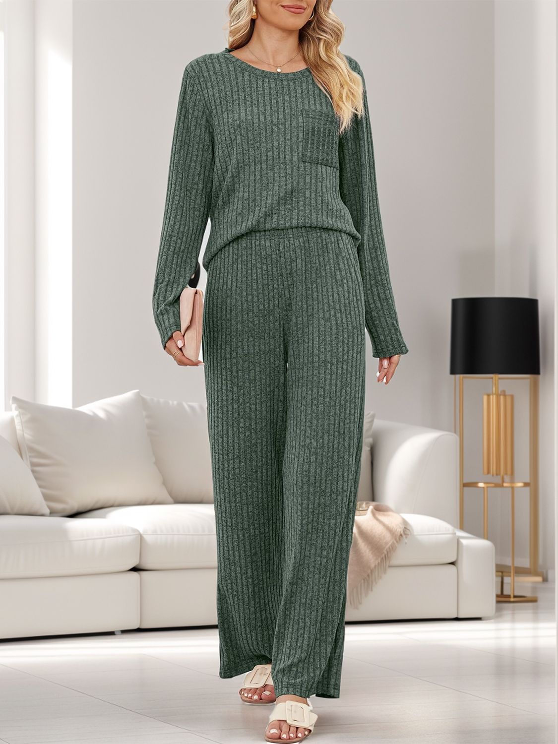 Round Neck Long Sleeve Top and Pants Set - Sydney So Sweet