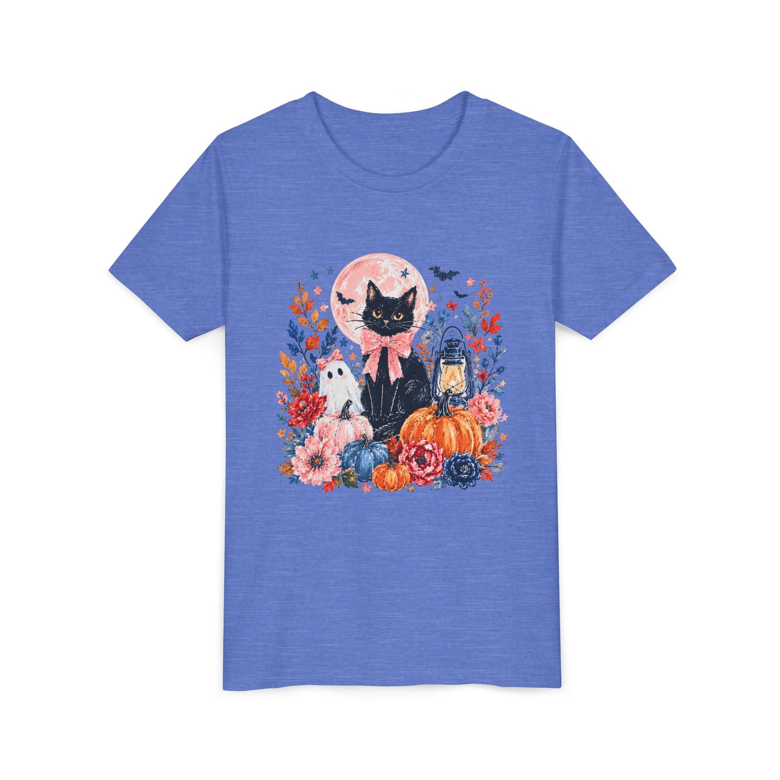 Girly Black Cat Halloween T-Shirt Cute Pumpkin & Lantern Fall Kids Graphic Tee