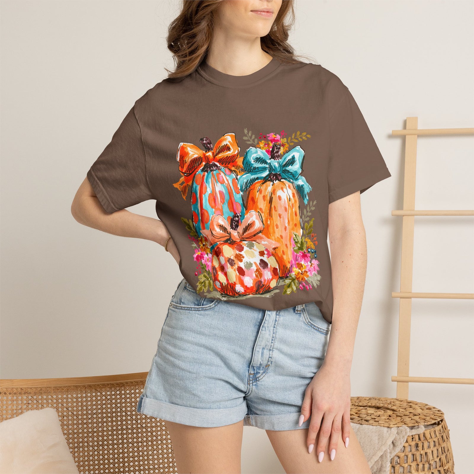 Floral Preppy Coquette Fall Pumpkin T-Shirt Cute Watercolor Graphic Tee