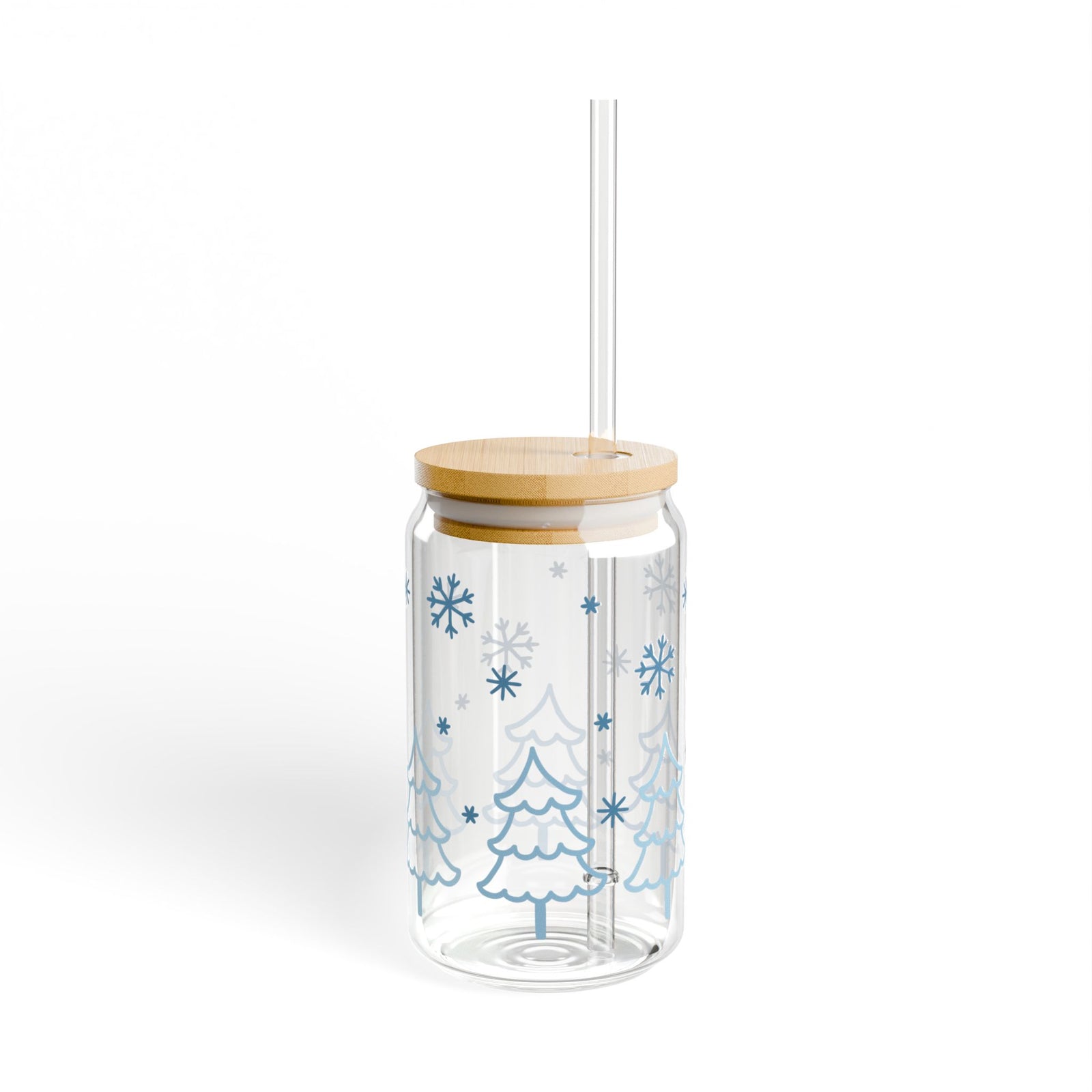 Snow Day Winter Christmas 16 oz reusable glass drink jar with lid and straw