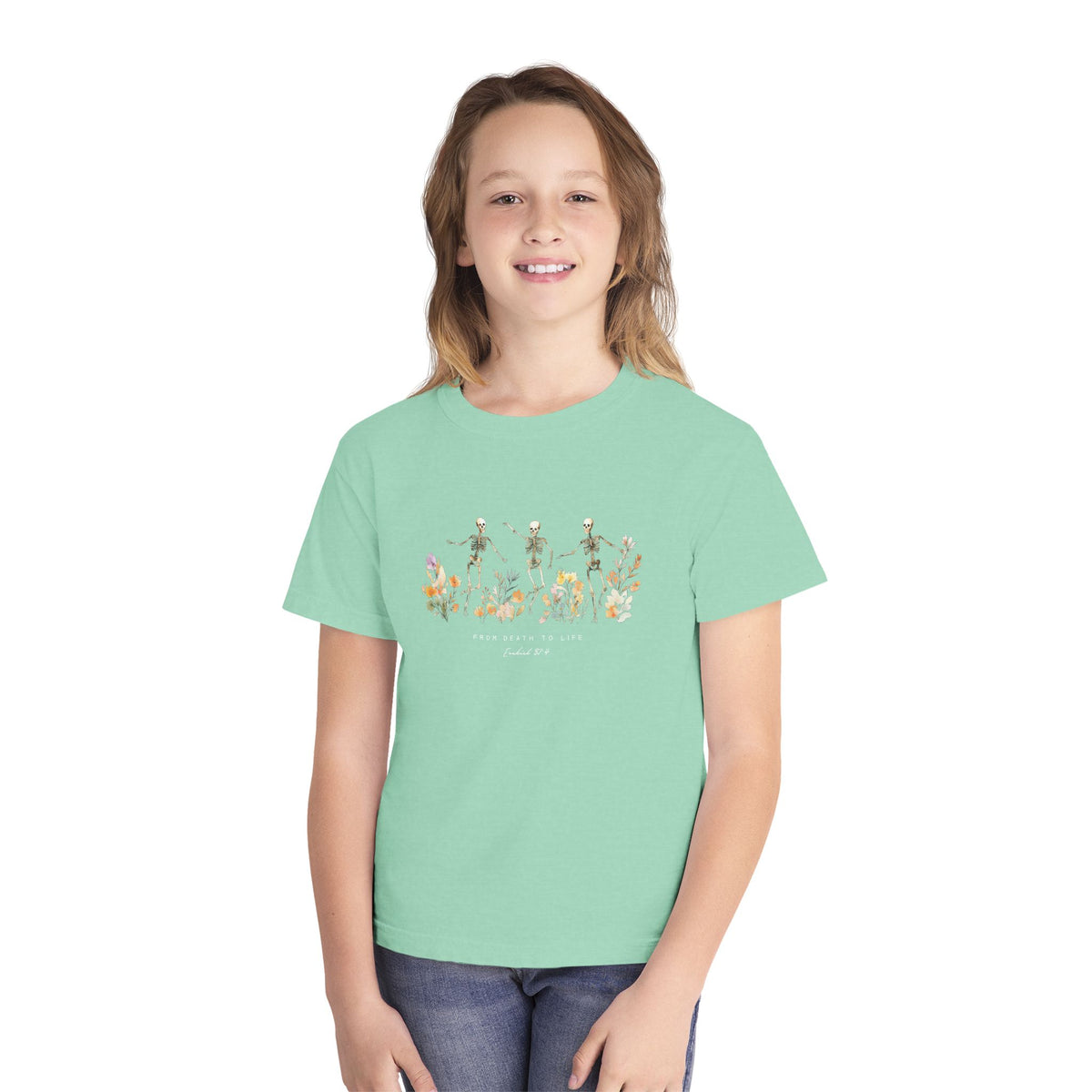 Floral Skeletons From Death to Life T-Shirt Halloween Kids Christian Graphic Tee