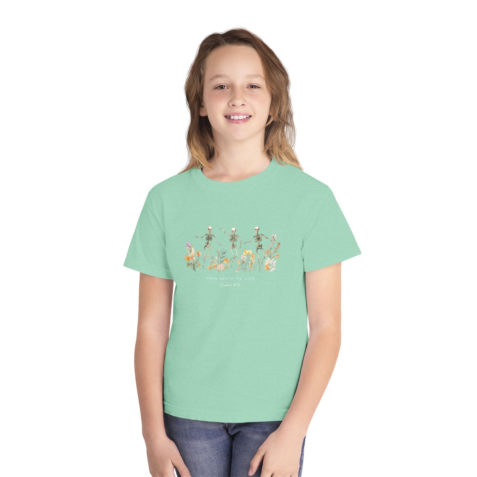 Floral Skeletons From Death to Life T-Shirt Halloween Kids Christian Graphic Tee