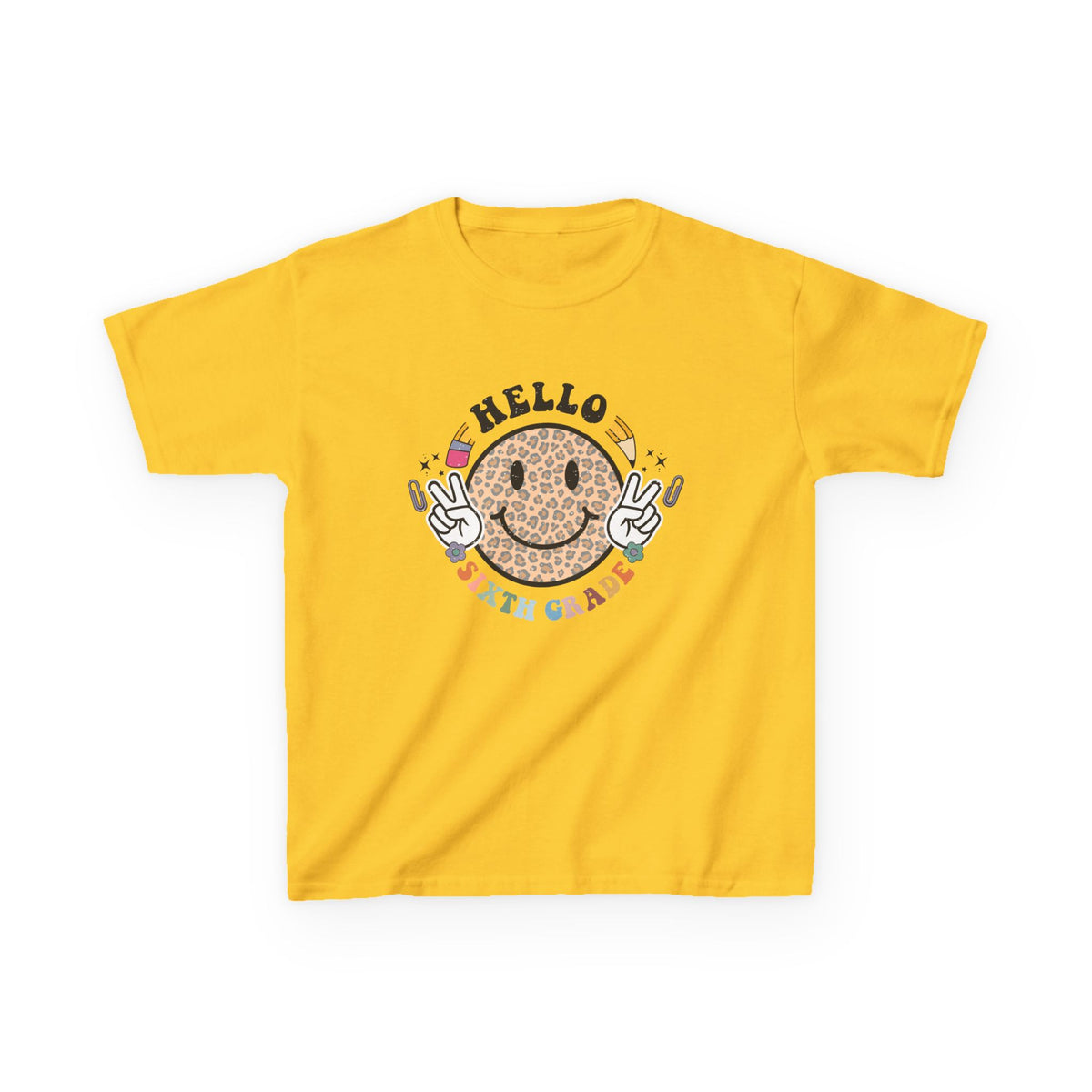 Sixth Grade Cheetah Smiley Face Graphic Tee Back-to-School 6th Grade Kids T-Shirt