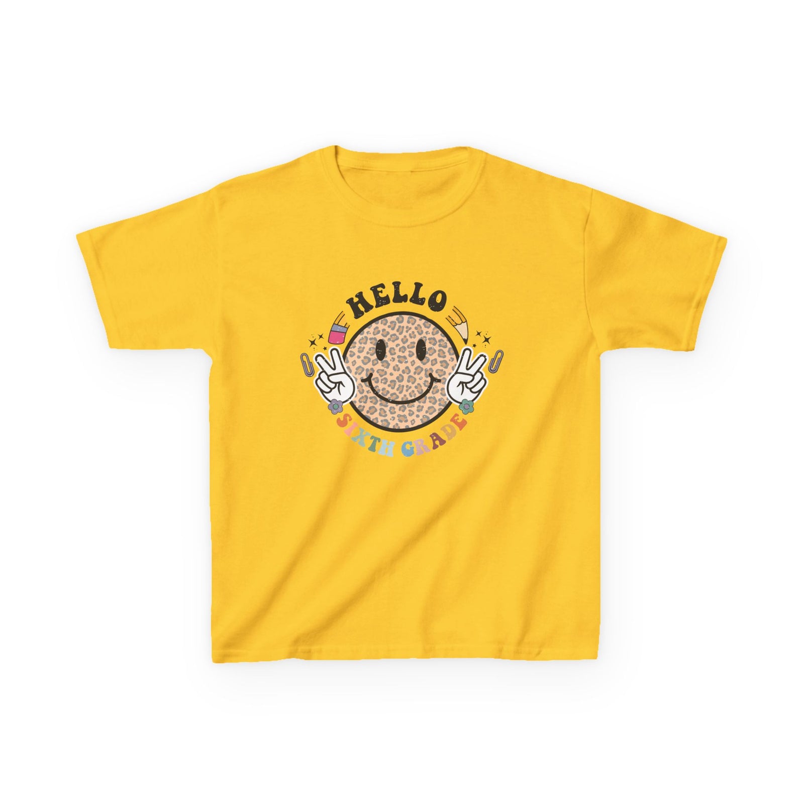 Sixth Grade Cheetah Smiley Face Graphic Tee Back-to-School 6th Grade Kids T-Shirt