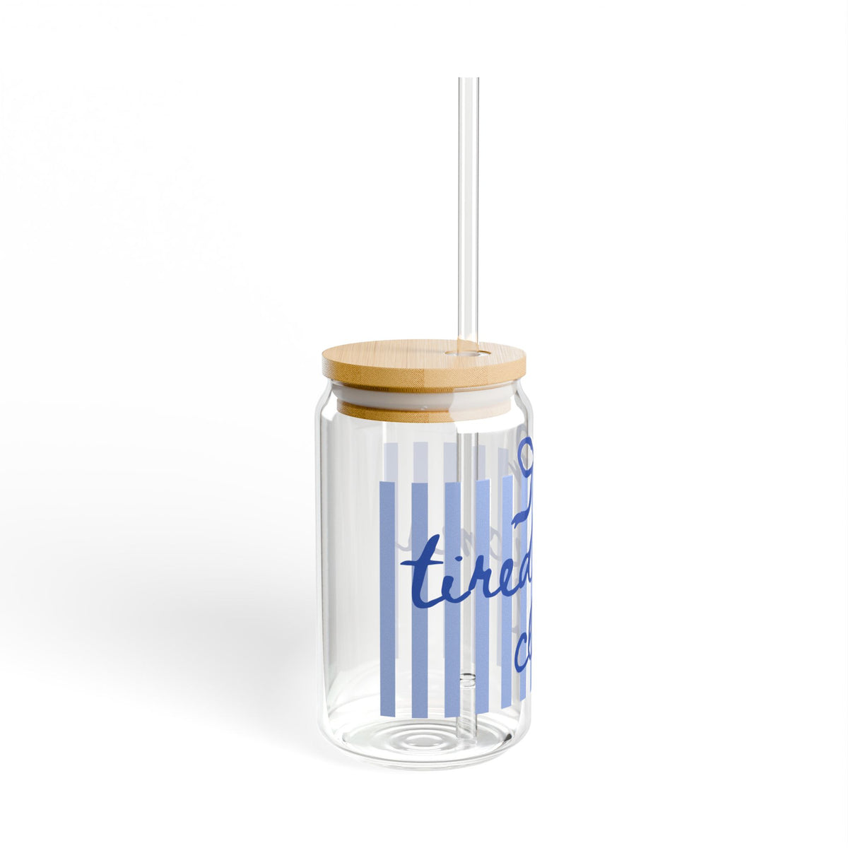 Tired Mom Club Blue Striped Sipper Glass 16oz Reusable Drink Jar with Lid & Straw