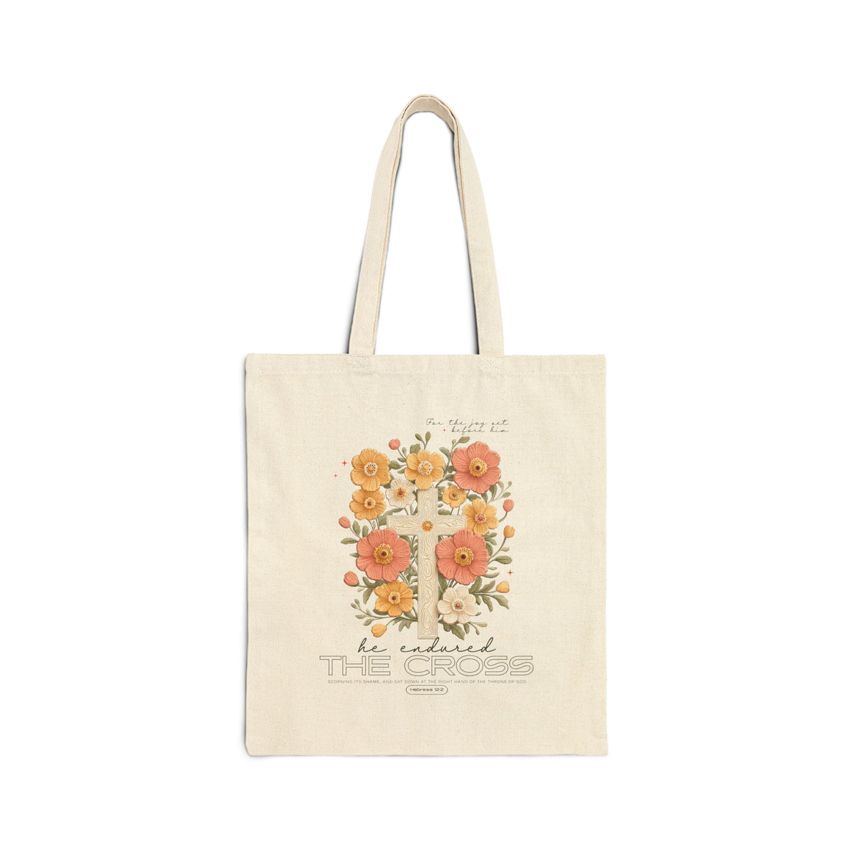 The Joy Set Before Him Floral Cross Christian Cotton Canvas Tote Bag