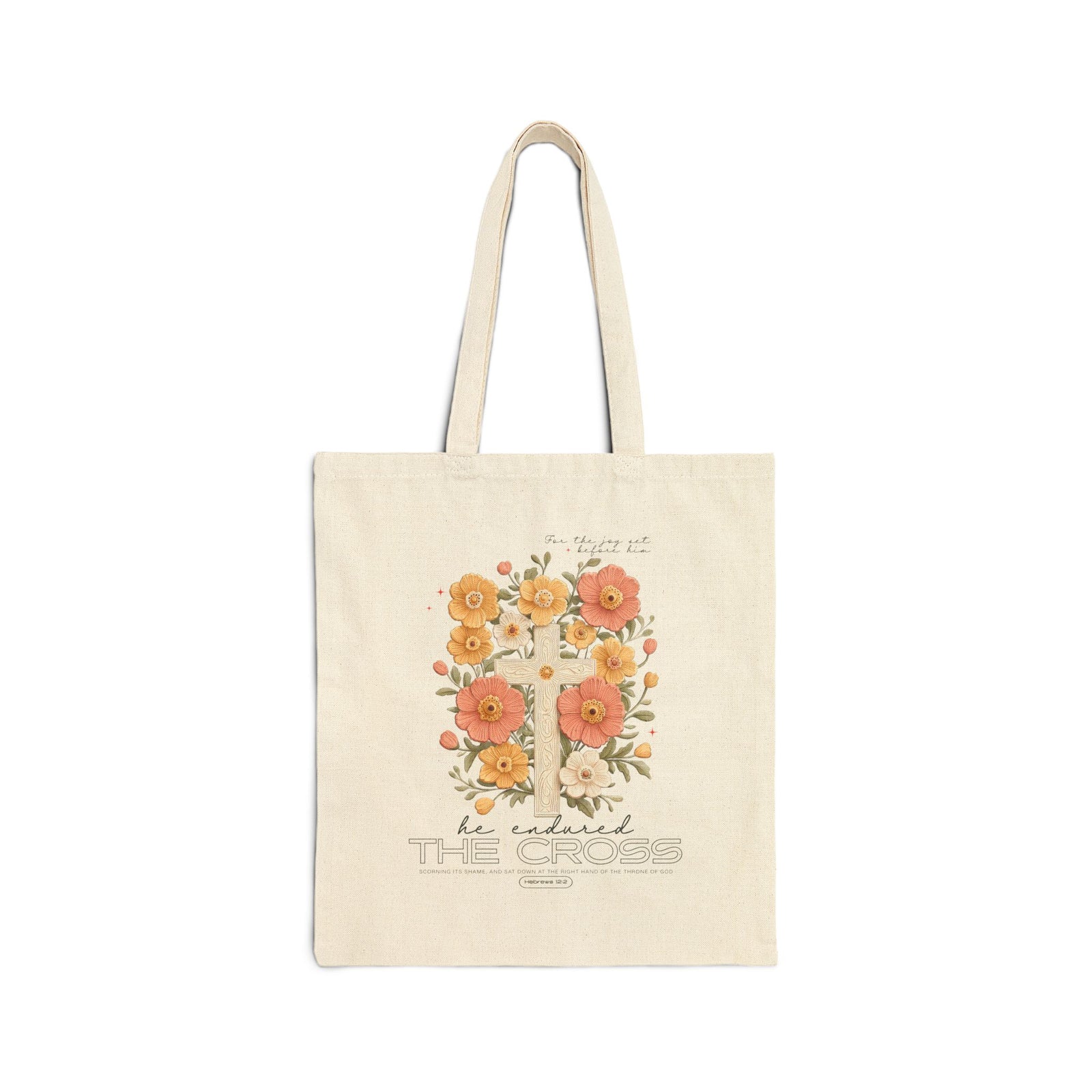 The Joy Set Before Him Floral Cross Christian Cotton Canvas Tote Bag