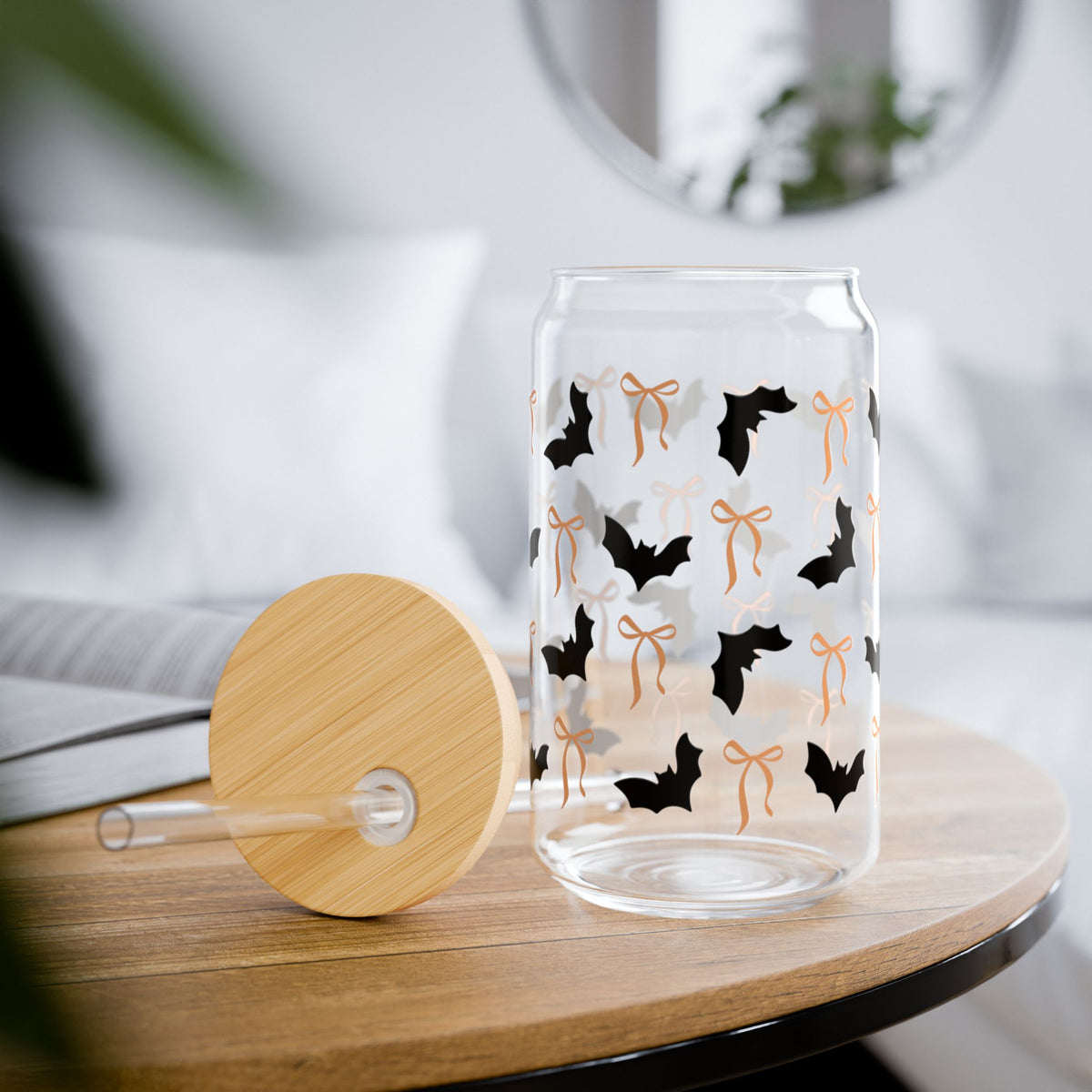 Cute Black Bats and Bows Halloween Sipper Glass 16oz Reusable Drink Jar with Lid & Straw