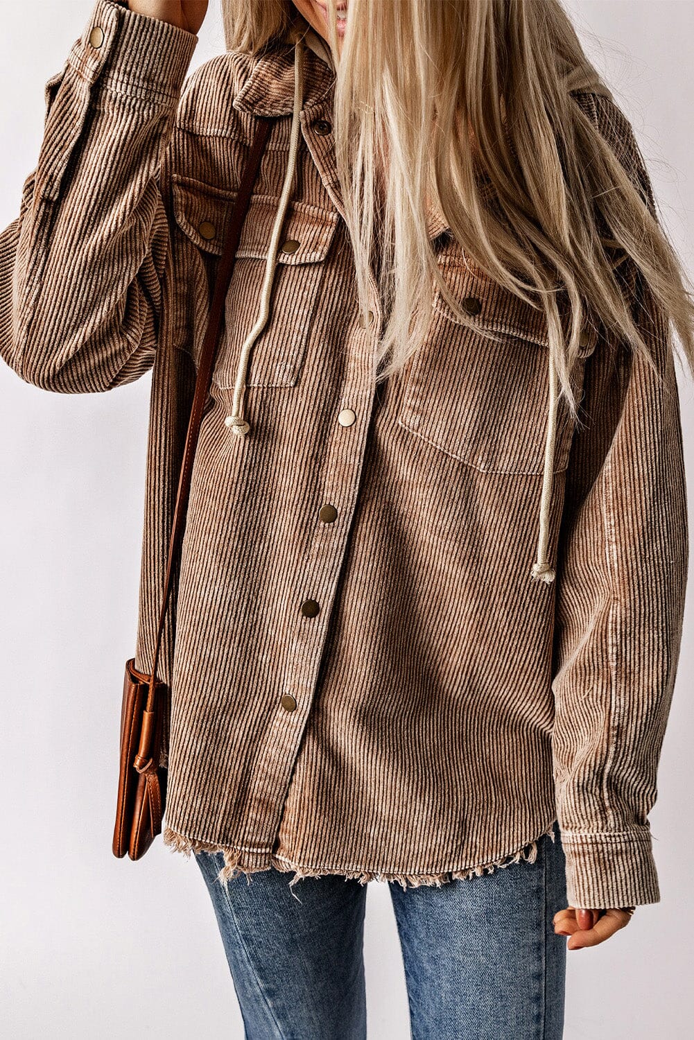 Snap Front Hooded Corduroy Shacket - Sydney So Sweet