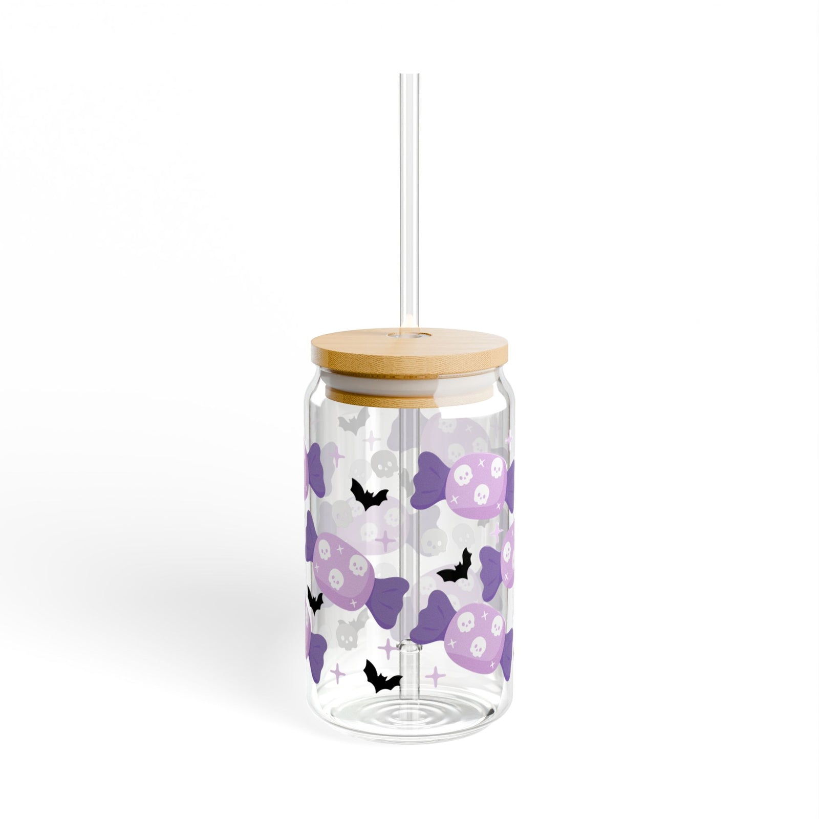 Skull Candy & Bats Halloween Sipper Glass 16oz Reusable Drink Jar with Lid & Straw