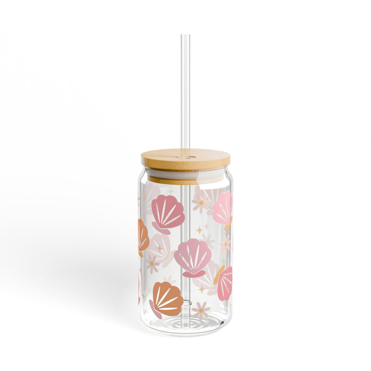 Floral & Seashell Pink Sipper Glass 16oz — Reusable Drink Jar with Lid & Straw