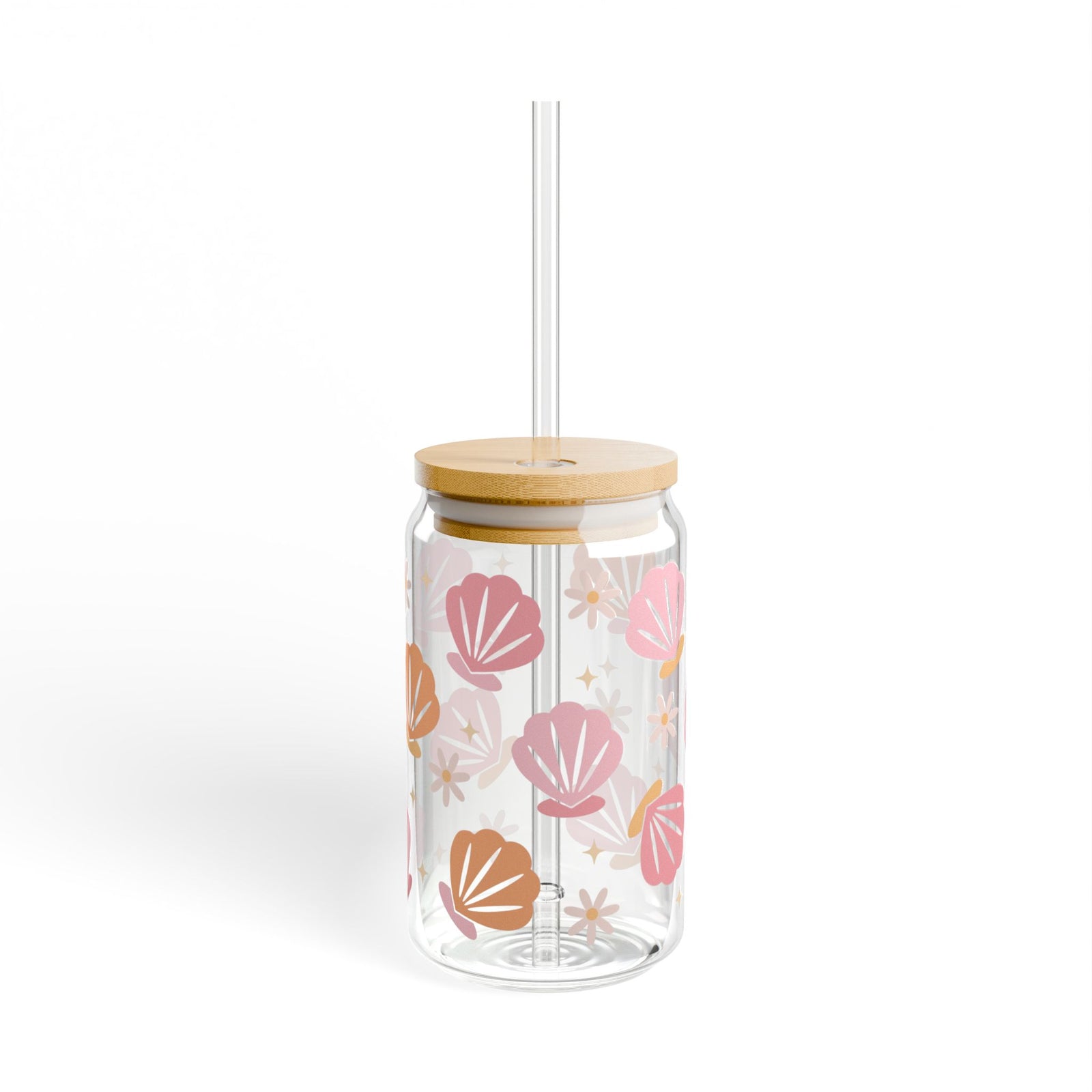 Floral & Seashell Pink Sipper Glass 16oz — Reusable Drink Jar with Lid & Straw