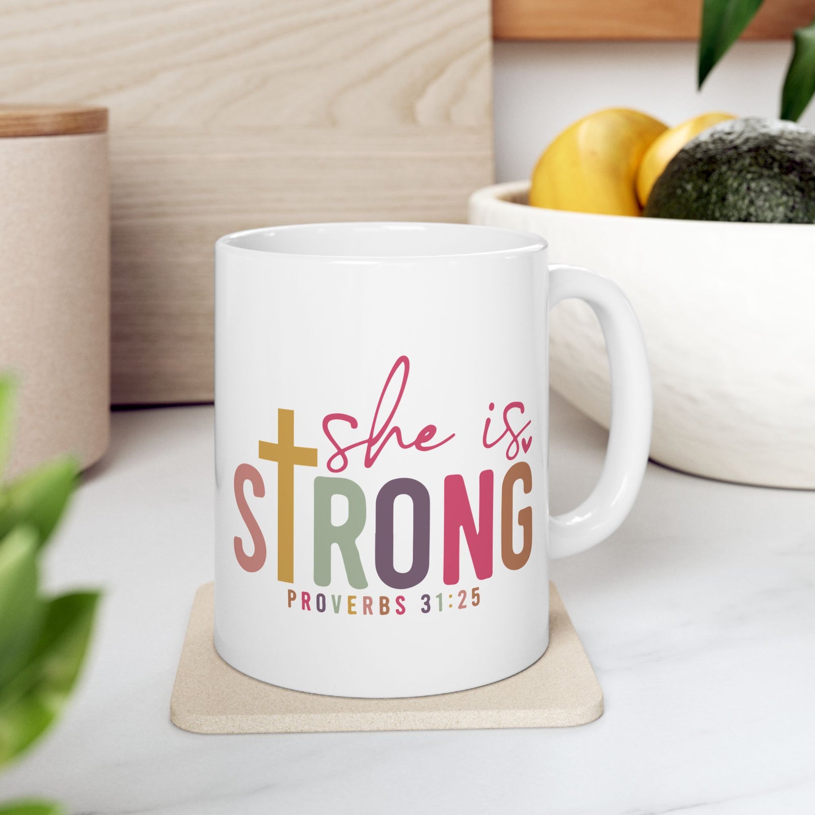 She Is Strong Coffee Mug Proverbs 31:25 Inspirational Christian Cute Ceramic Mug Coffee Cup (11oz & 15oz)