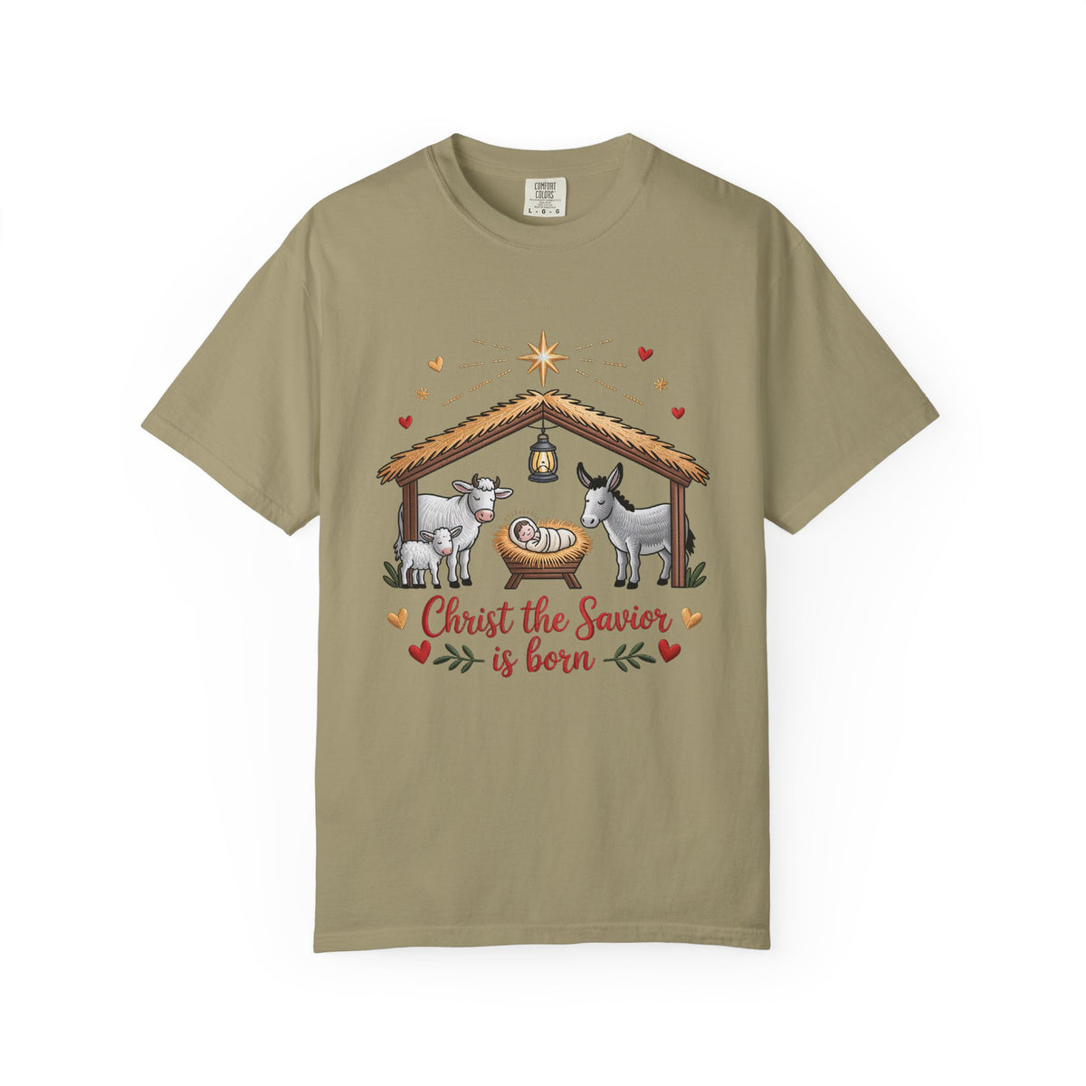 Christ the Savior is Born Faux Embroidery T-Shirt Nativity Scene Graphic Tee