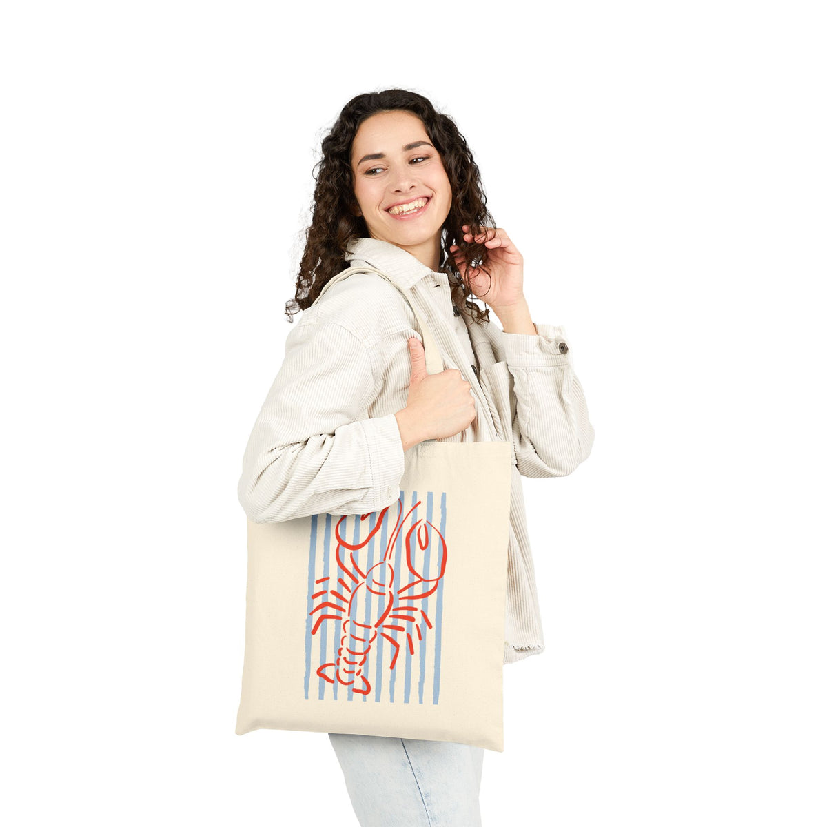Lobster Stripe Cotton Canvas Tote Bag Beachy Nautical Grocery Shopper