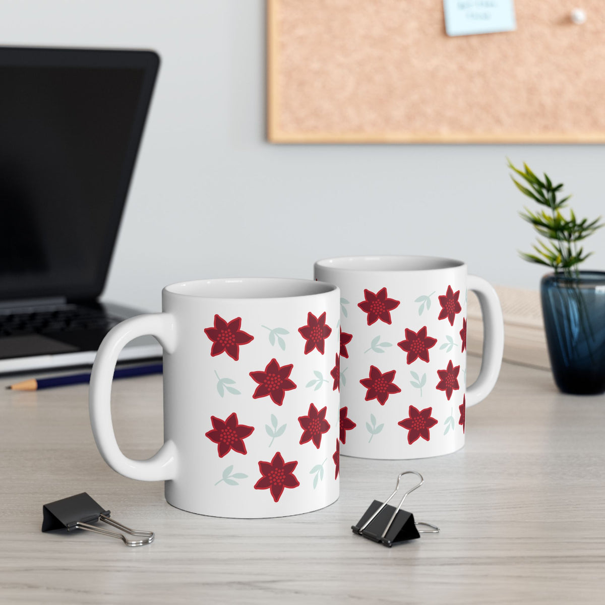Poinsettia Christmas Flowers Ceramic Mug Coffee Cup (11oz & 15oz)