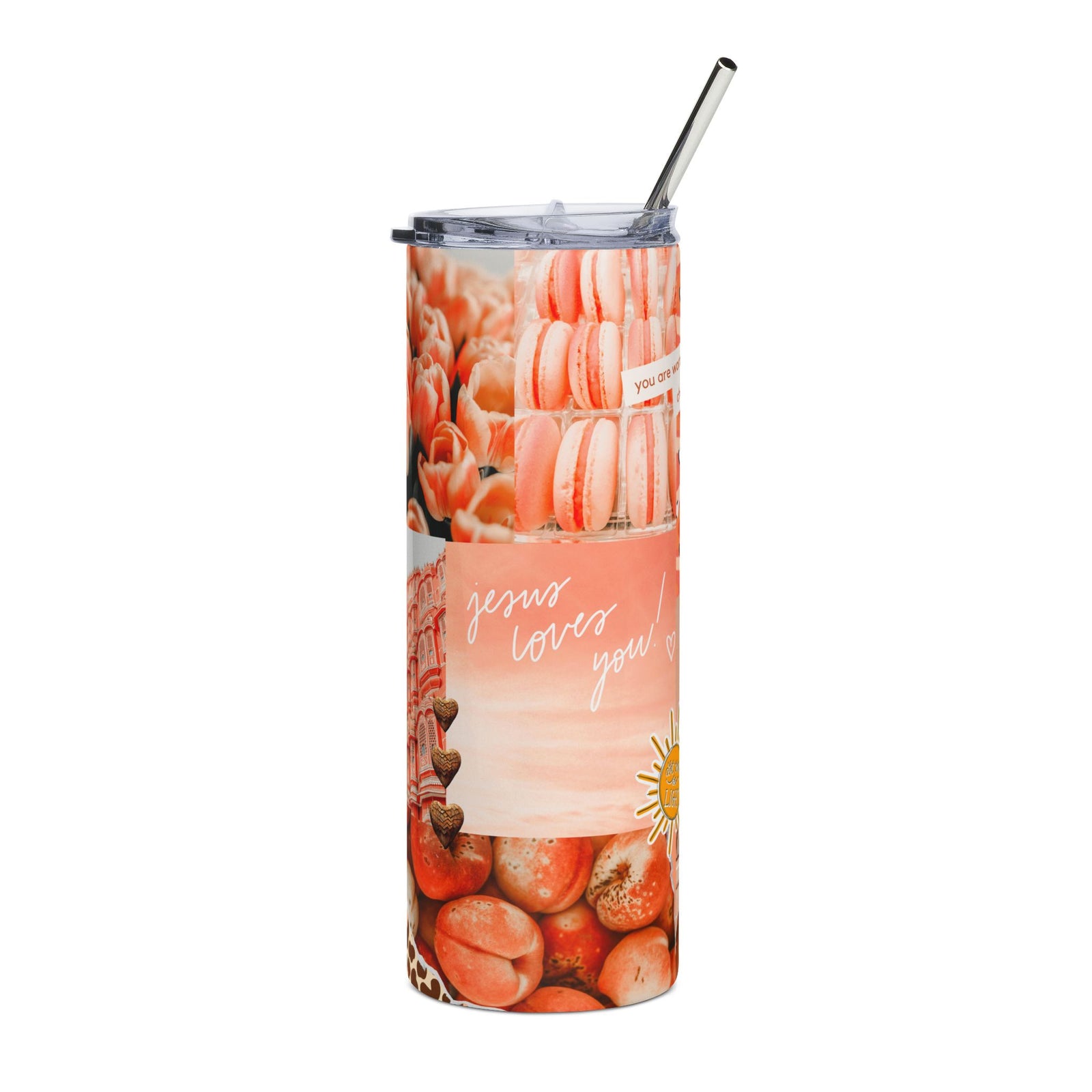 Jesus Loves You Peach Collage Travel Cup 20oz Stainless Tumbler Water Bottle