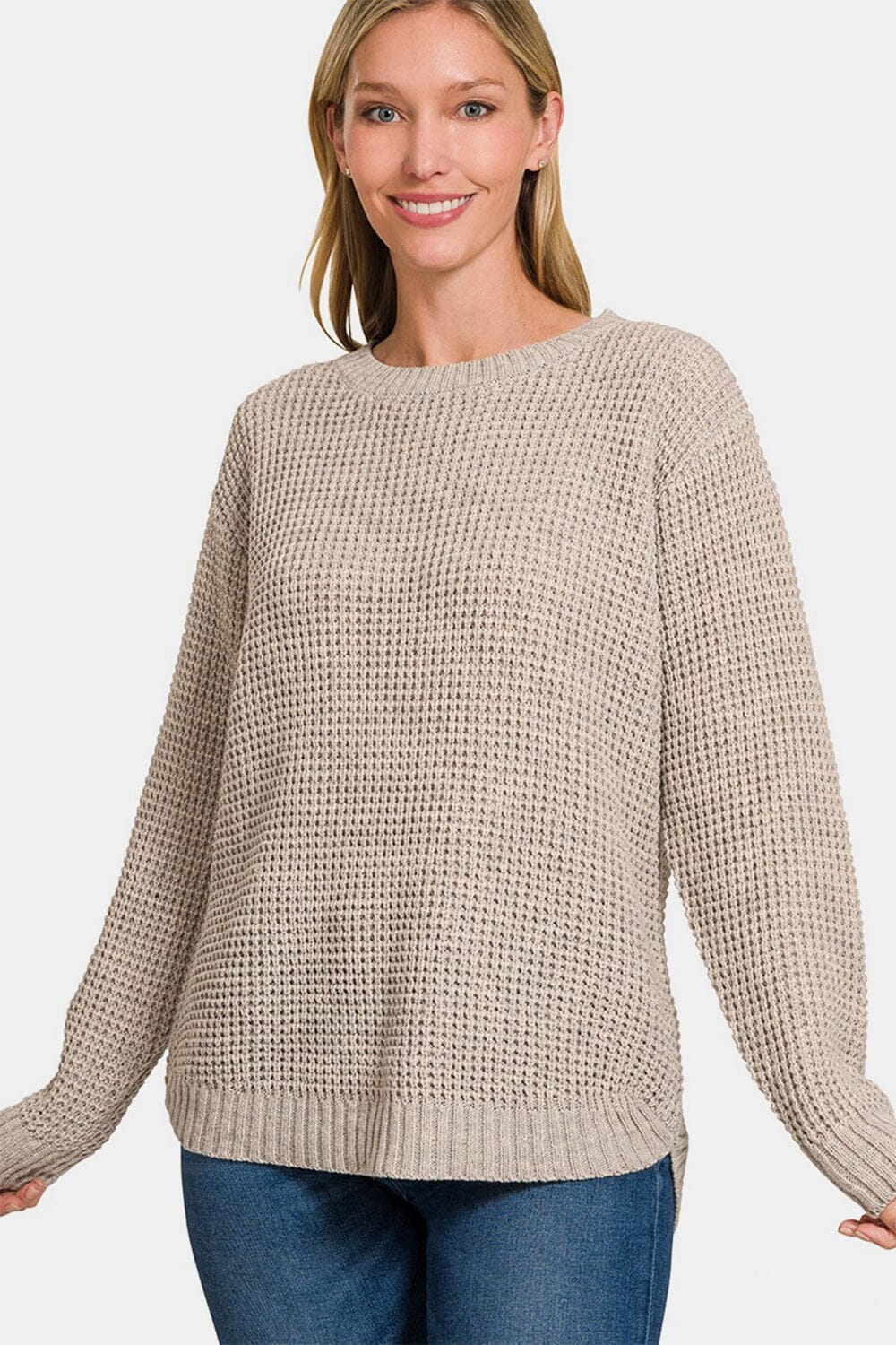 Zenana High Low Long Sleeve Waffle Sweater - Sydney So Sweet