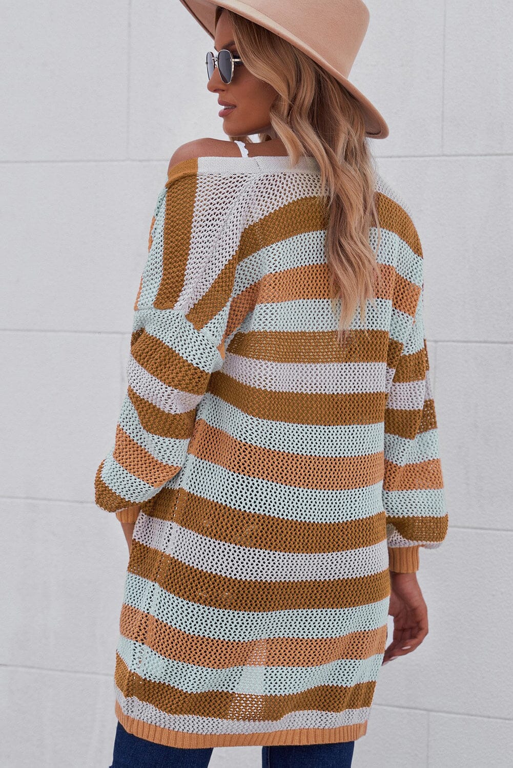 Full Size Striped Long Sleeve Openwork Cardigan - Sydney So Sweet