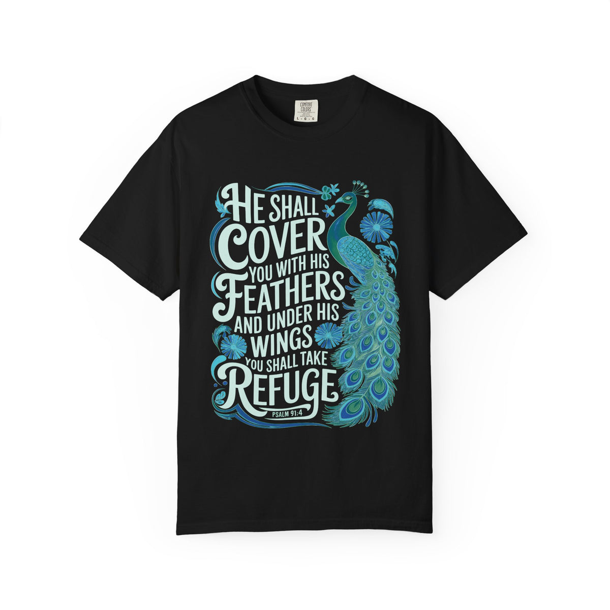 He Shall Cover Feathers T-Shirt Christian Scripture Peacock Refuge Tee
