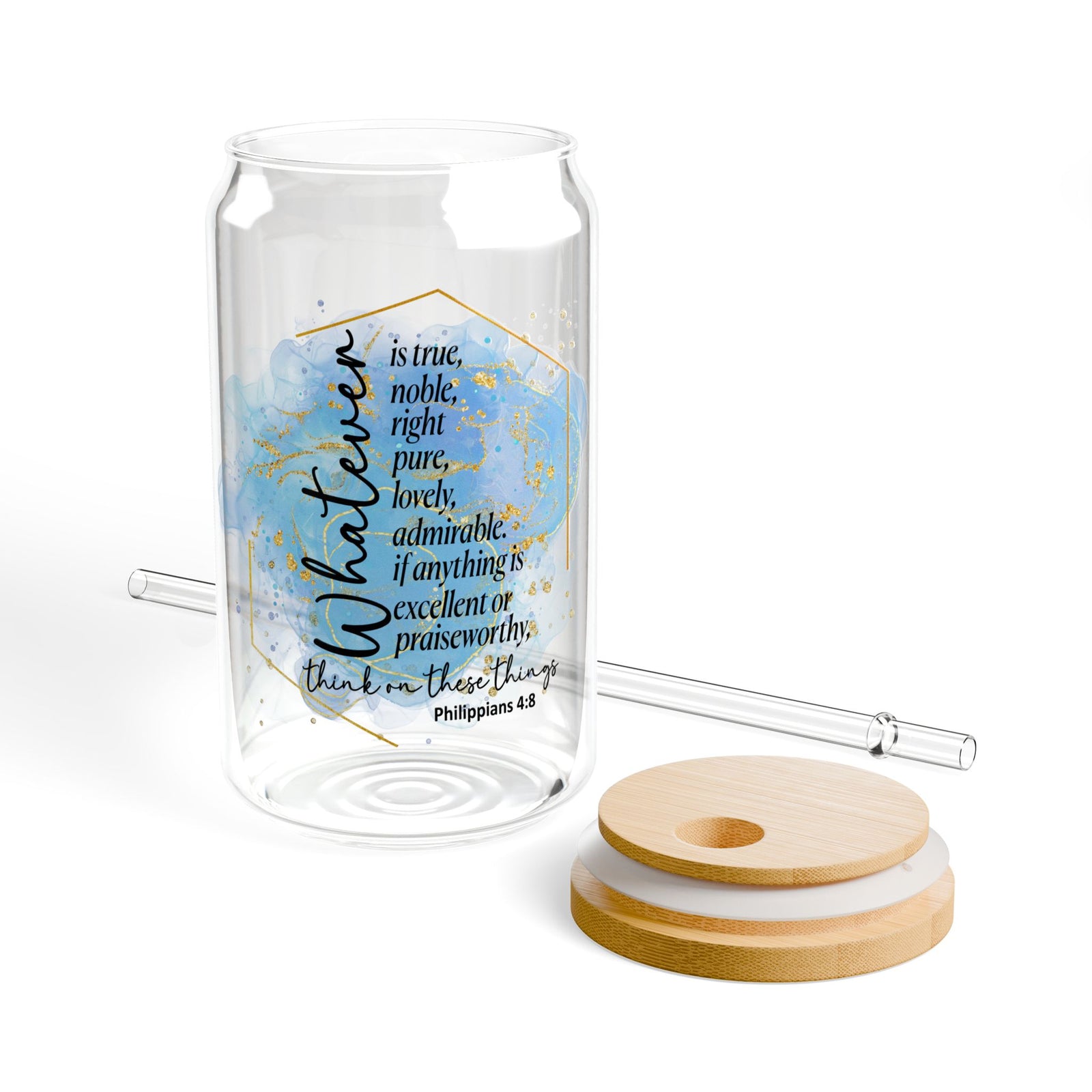 Think on these Things Philippians 4:8 Christian Tumbler Sipper Glass 16oz — Reusable Drink Jar with Lid & Straw
