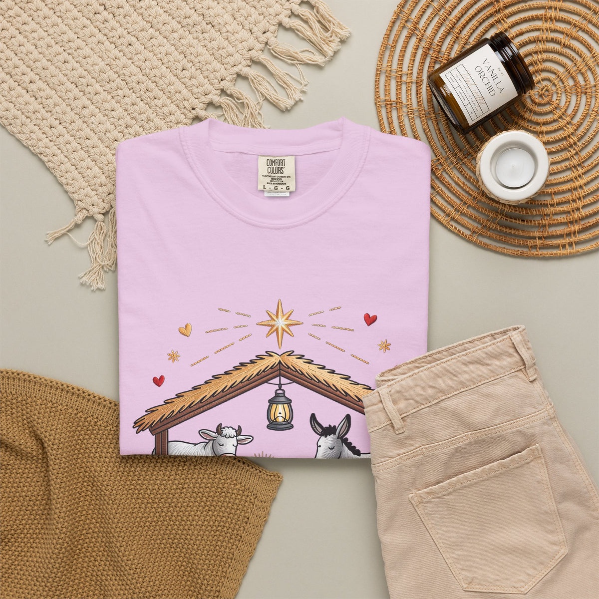 Christ the Savior is Born Faux Embroidery T-Shirt Nativity Scene Graphic Tee