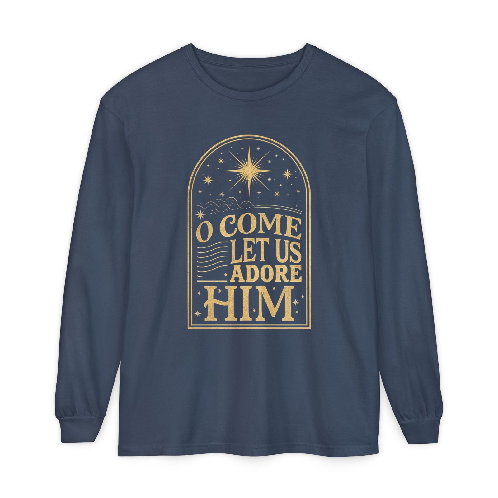 O Come Let Us Adore Him Long Sleeve T-Shirt Christmas Distressed Graphic Tee