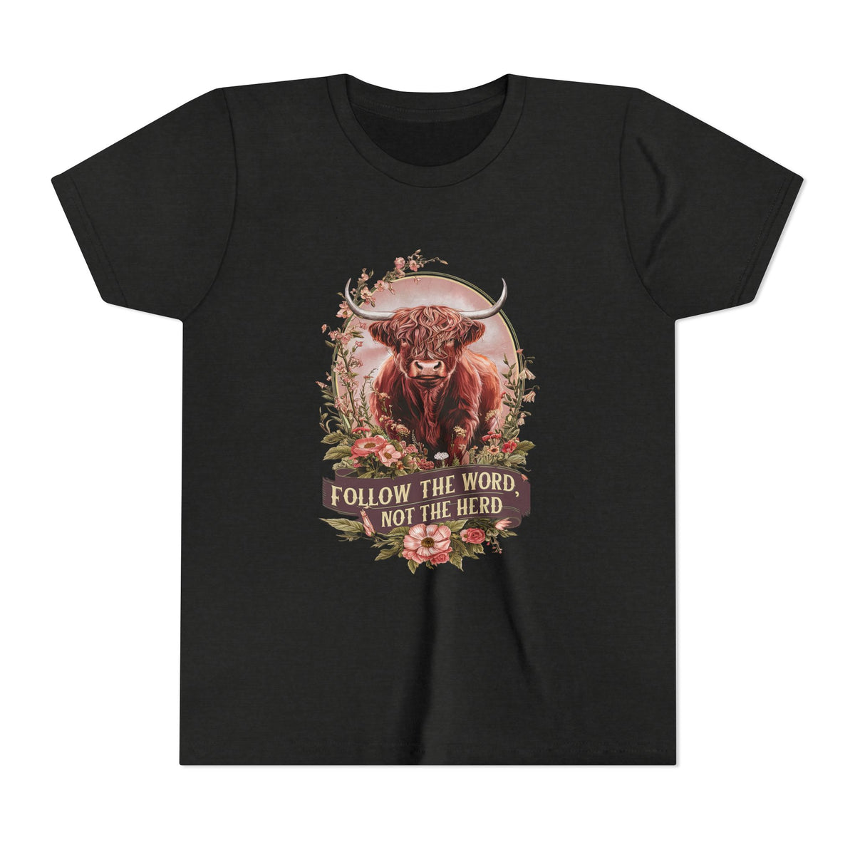Follow the Word Not the Herd Kids T-Shirt Highland Cow Christian Graphic Tee