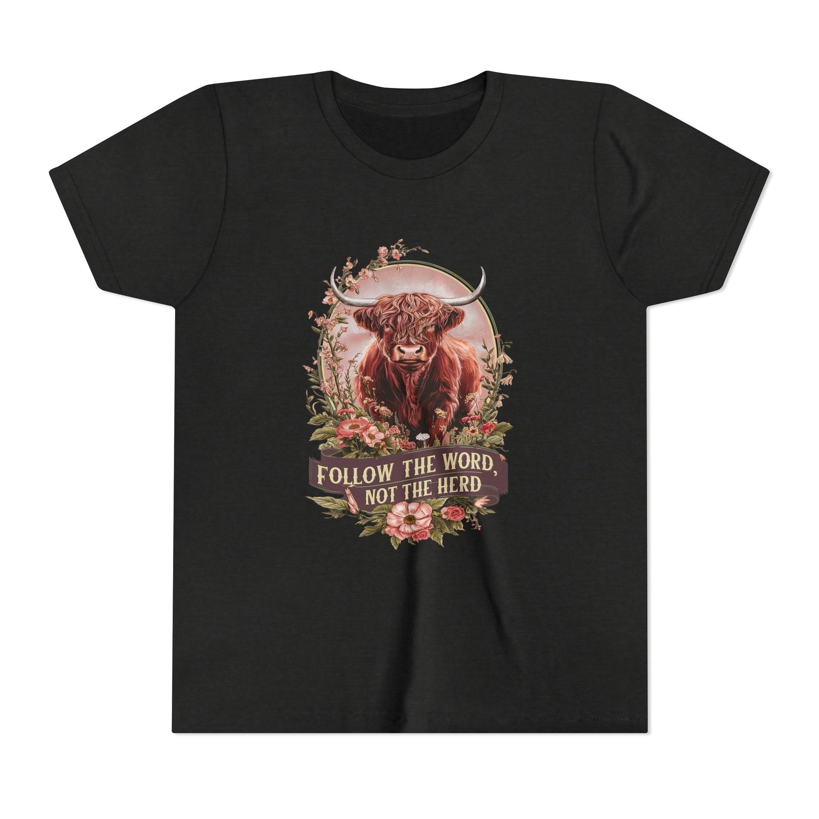 Follow the Word Not the Herd Kids T-Shirt Highland Cow Christian Graphic Tee