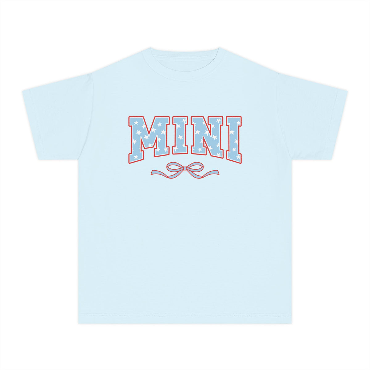 Mini 4th of July USA Coquette Varsity Blue Bow Patriotic T-shirt Preppy Star Tee