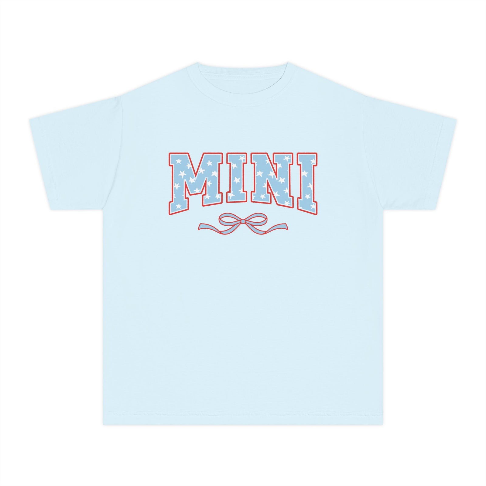 Mini 4th of July USA Coquette Varsity Blue Bow Patriotic T-shirt Preppy Star Tee