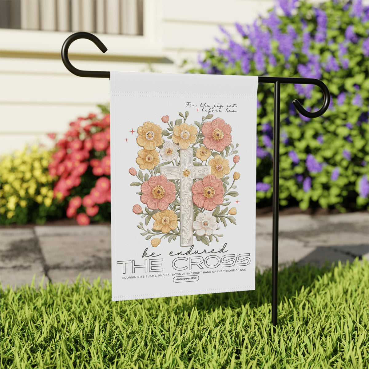 For the Joy Set Before Him Floral Cross Garden Flag Decorative Yard Banner