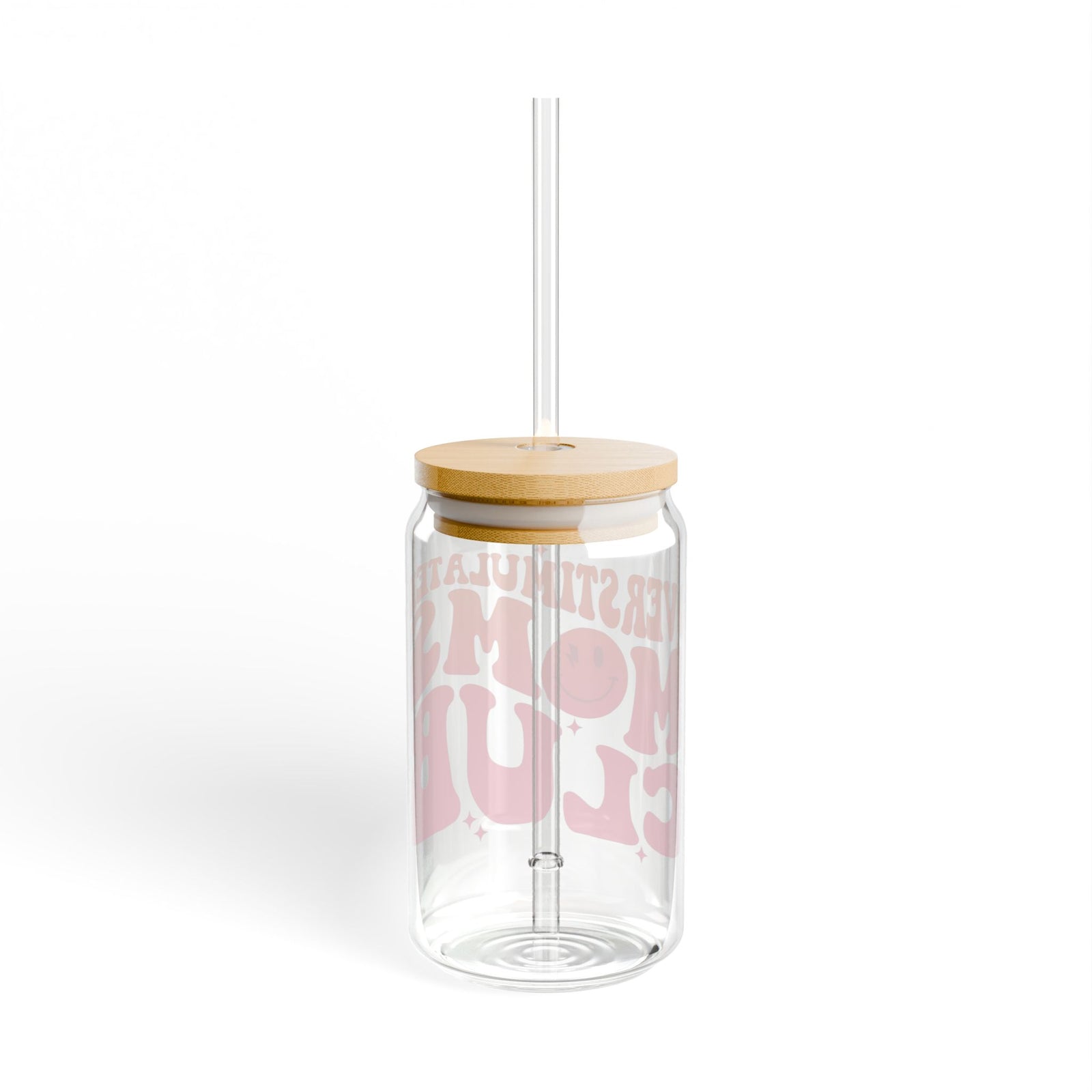 Overstimulated Moms Club Pink & Orange Sipper Glass 16oz Reusable Drink Jar with Lid & Straw