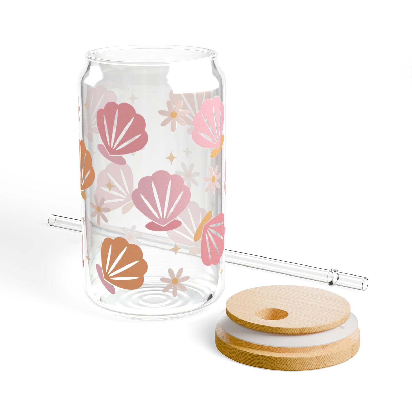 Floral & Seashell Pink Sipper Glass 16oz — Reusable Drink Jar with Lid & Straw
