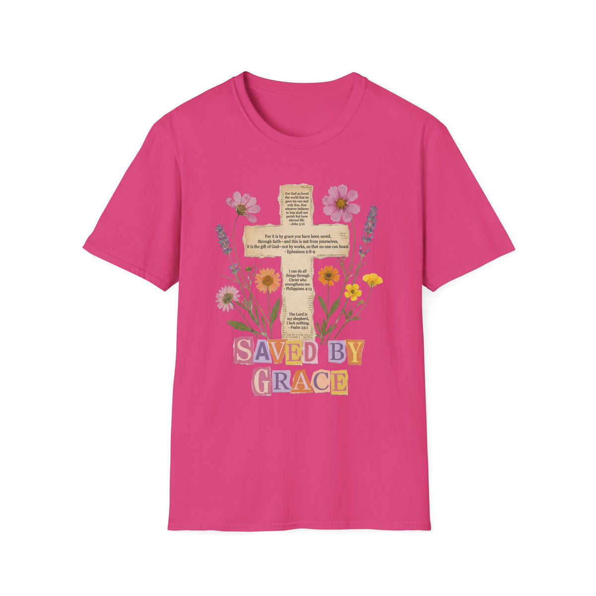 Saved by Grace Collage Floral Cross Tee Bible Verse Christian T-Shirt