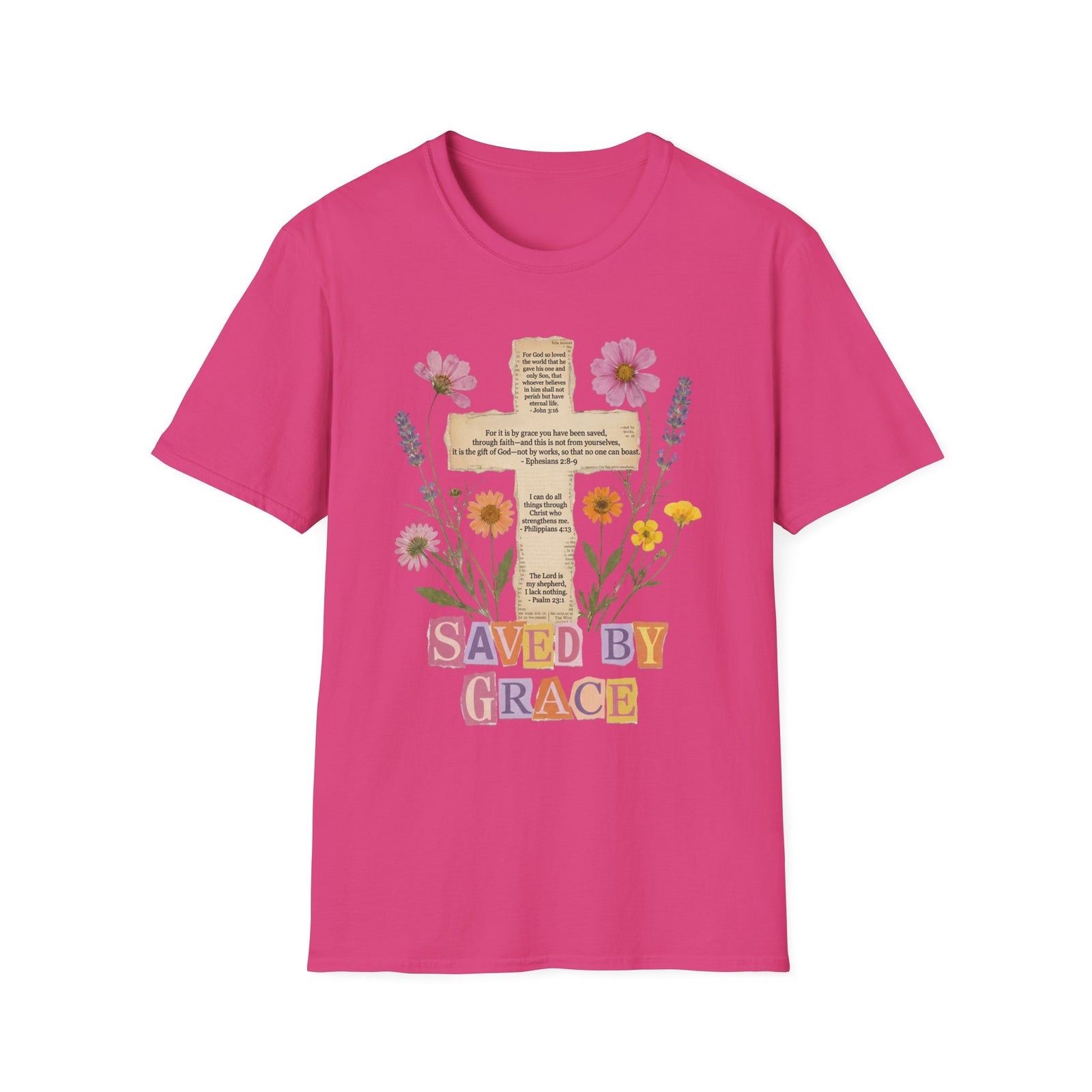 Saved by Grace Collage Floral Cross Tee Bible Verse Christian T-Shirt
