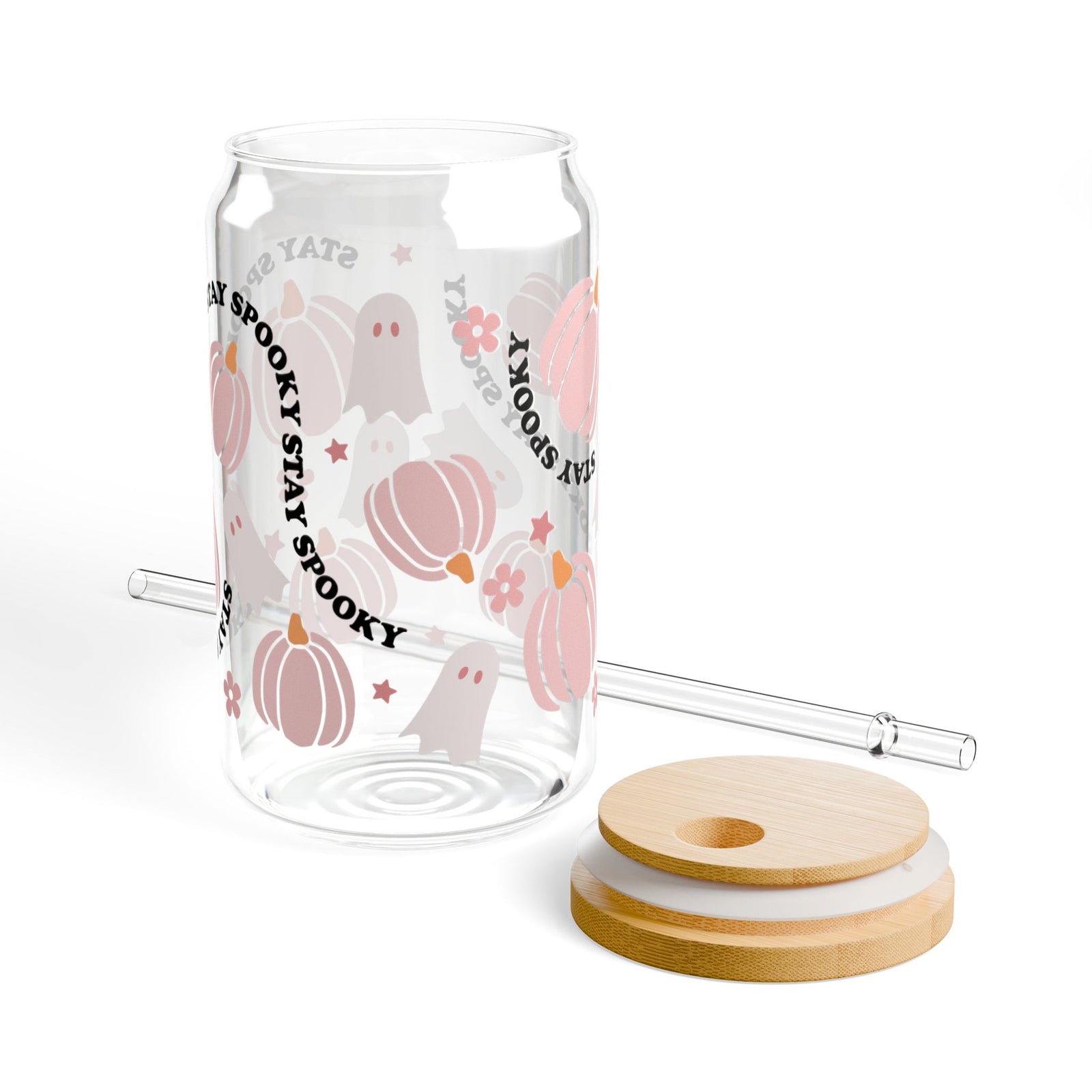 Stay Spooky Pink Pumpkin & Ghost Halloween Sipper Glass 16oz Reusable Drink Jar with Lid & Straw