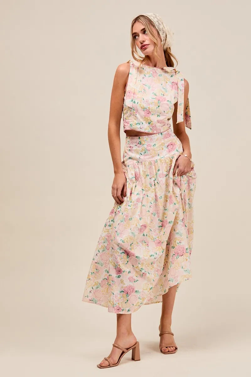 SO ME Floral Printed Woven Shoulder Bow Tie Top and Skirt Set - Sydney So Sweet