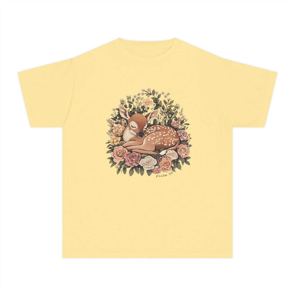 Sleeping Fawn Floral T-Shirt Psalm 23 Inspirational Kids Christian Tee